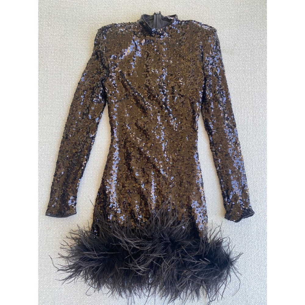 Fashion Nova Dress Womens XS Black‎ Sequin Feather Trim Mock Neck Mini GW22X2036